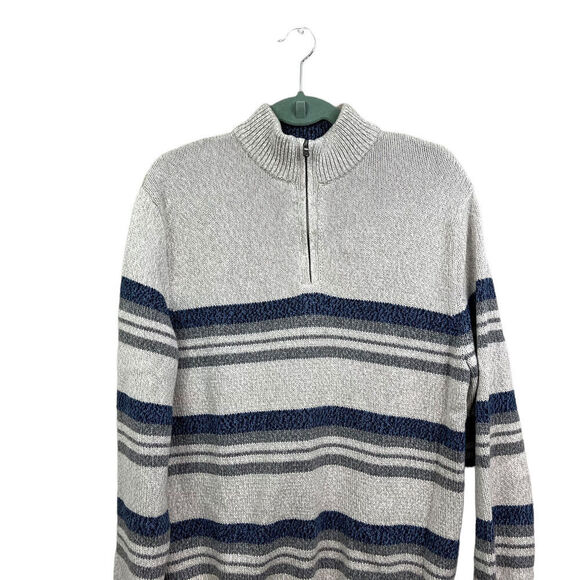 Chaps Sweater Mock Collar Quarter Zip Striped Heather Gray Beige Blue Men Sz M - Picture 2 of 6